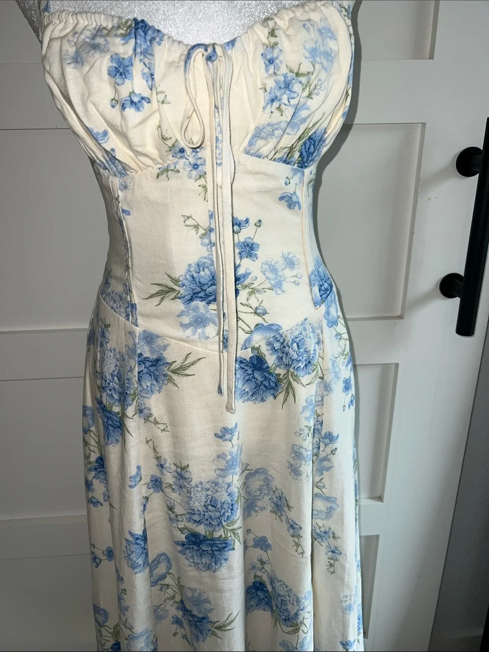 Blue Floral Cream Maxi Dress - Sleeveless Summer Dress - Picture 3 of 8